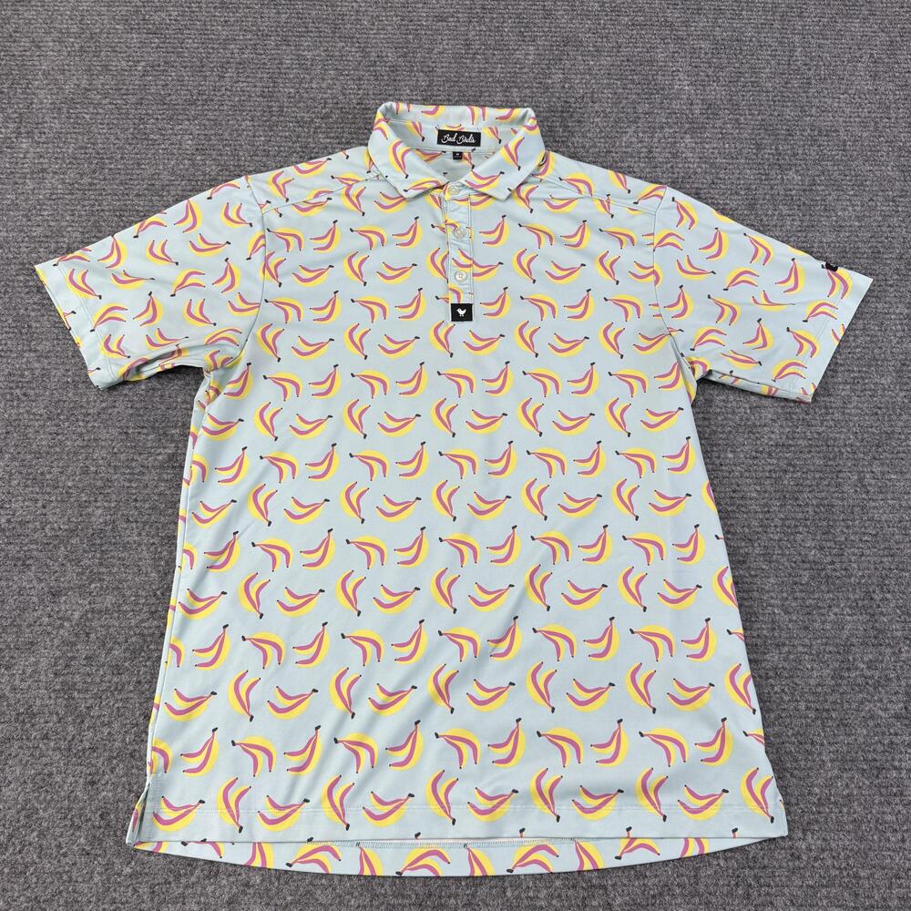 Bad Birdie Polo Shirt Mens Medium Blue Banana Print Golf Performance Stretch